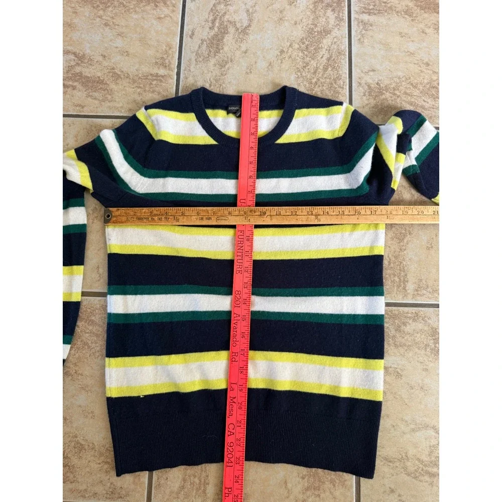 Banana Republic 100% Cashmere Striped Crew Neck Sweater Navy Green Yellow Small